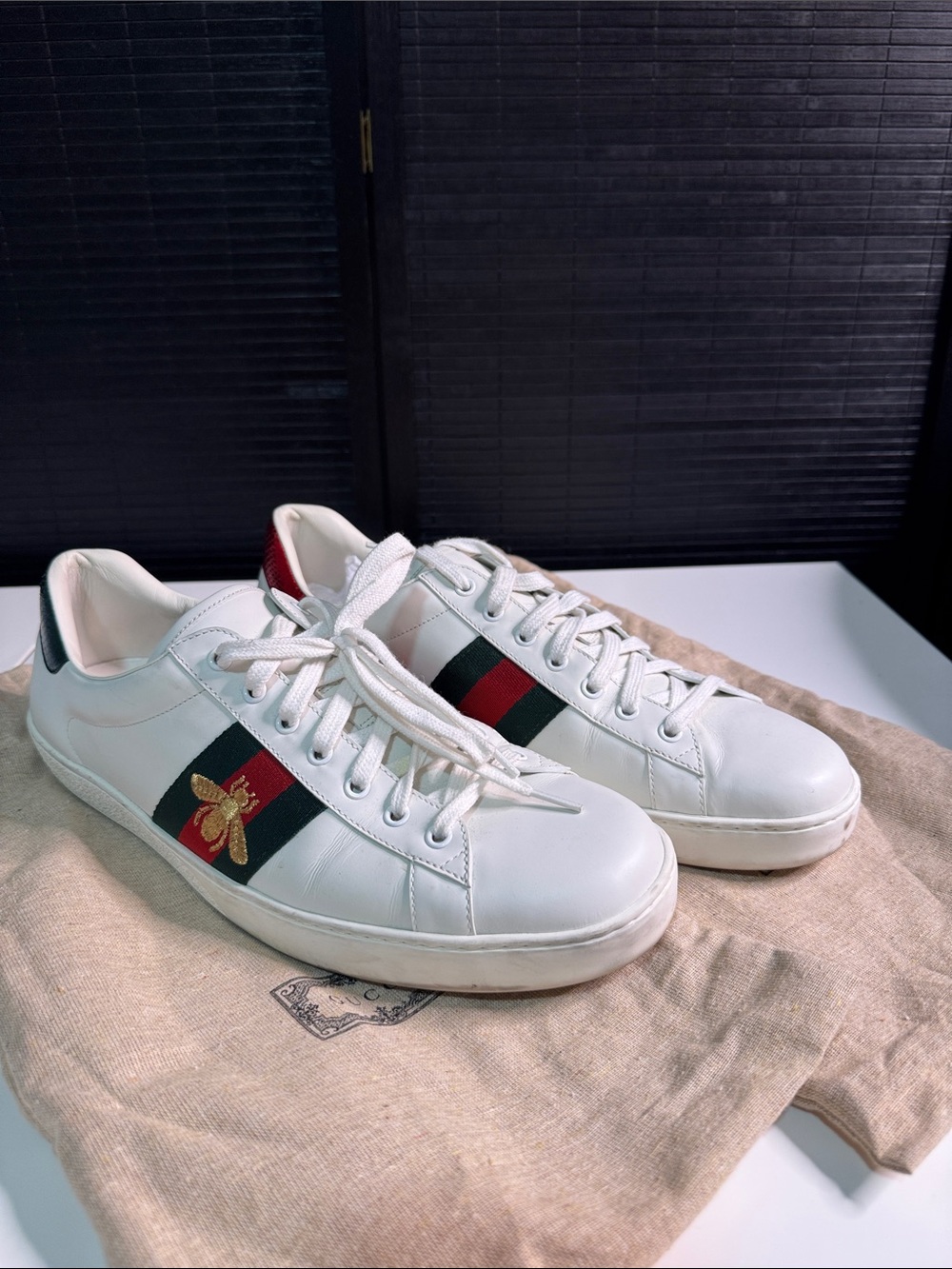 Gucci White Leather Sneakers with Red & Green Web and Gold Bee